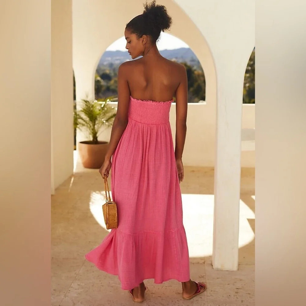 NWT Anthropologie Marisol Pink Smocked Dress Large Petite - Picture 6 of 6
